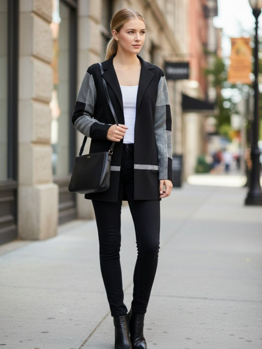 Sioni Black & Gray Patterned Open Cardigan Jacket Medium